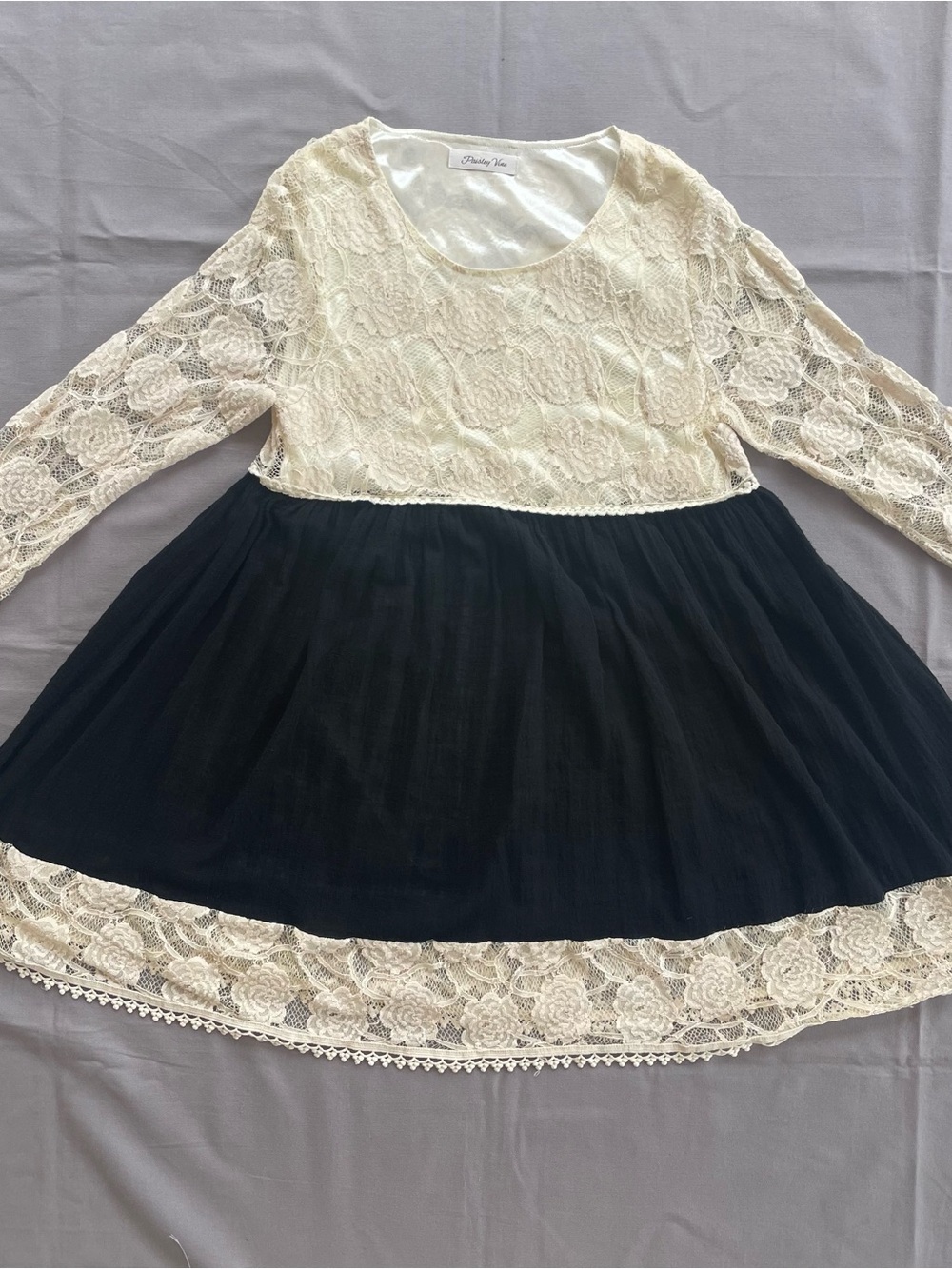 Paisley Vine Lace Mini Dress Womens XS Black Cream Boho Whimsigoth Babydoll POC